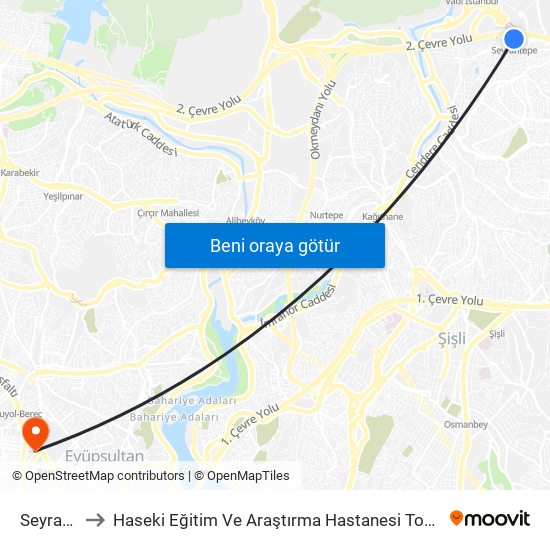 Seyrantepe to Haseki Eğitim Ve Araştırma Hastanesi Topçular Semt Polikliniği map
