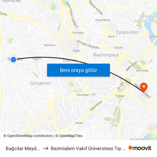 Bağcılar Meydan (M1b) to Bezmialem Vakıf Üniversitesi Tıp Fakültesi Acil Tıp map