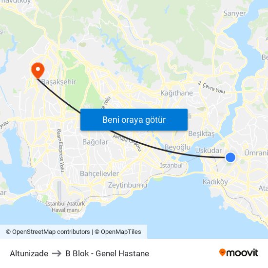 Altunizade to B Blok - Genel Hastane map
