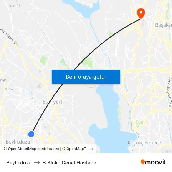 Beylikdüzü to B Blok - Genel Hastane map