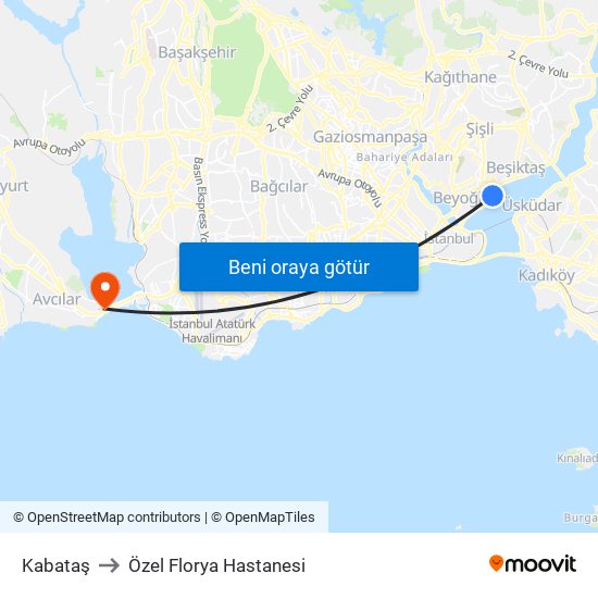 Kabataş to Özel Florya Hastanesi map