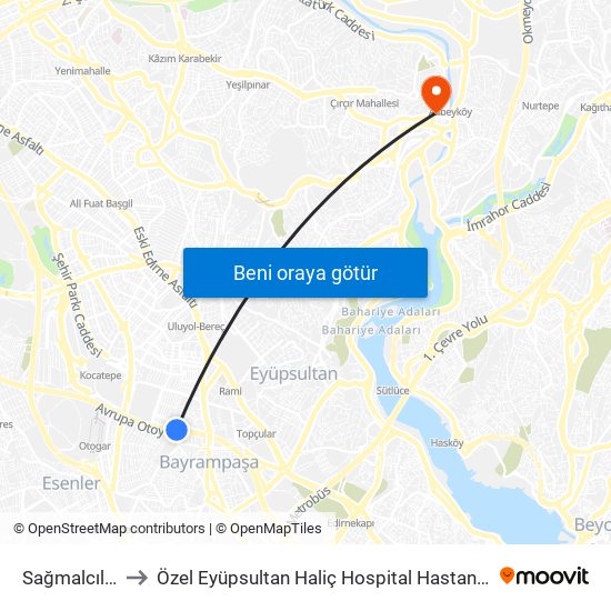 Sağmalcılar to Özel Eyüpsultan Haliç Hospital Hastanesi map