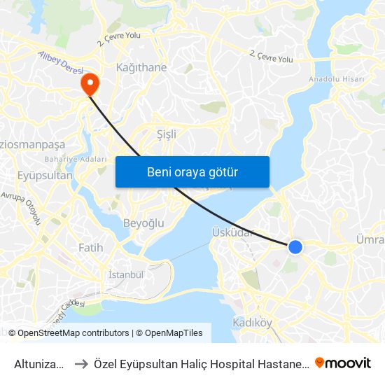 Altunizade to Özel Eyüpsultan Haliç Hospital Hastanesi map