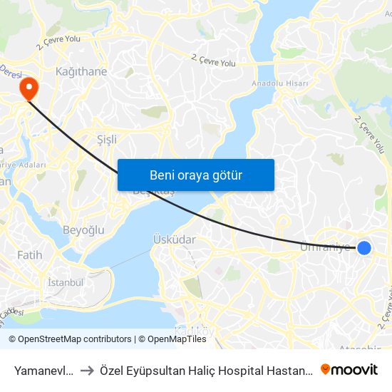 Yamanevler to Özel Eyüpsultan Haliç Hospital Hastanesi map
