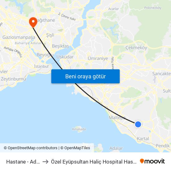 Hastane - Adliye to Özel Eyüpsultan Haliç Hospital Hastanesi map