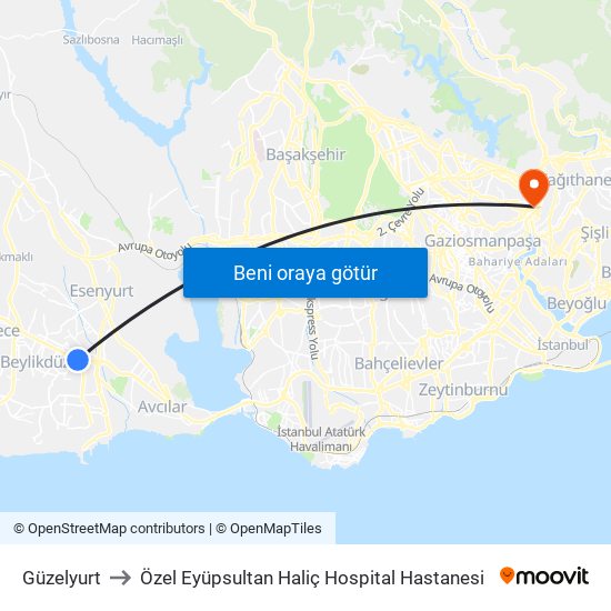 Güzelyurt to Özel Eyüpsultan Haliç Hospital Hastanesi map
