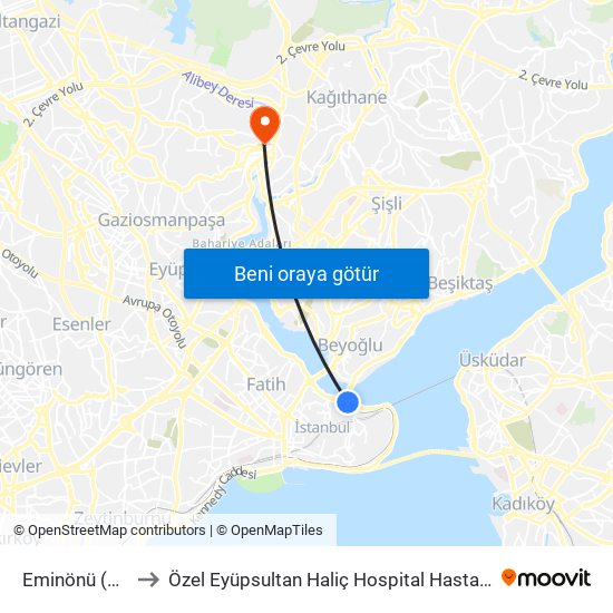 Eminönü (T1) to Özel Eyüpsultan Haliç Hospital Hastanesi map