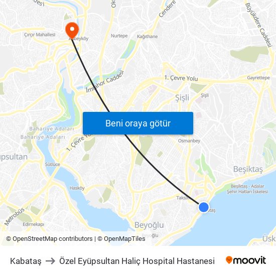 Kabataş to Özel Eyüpsultan Haliç Hospital Hastanesi map
