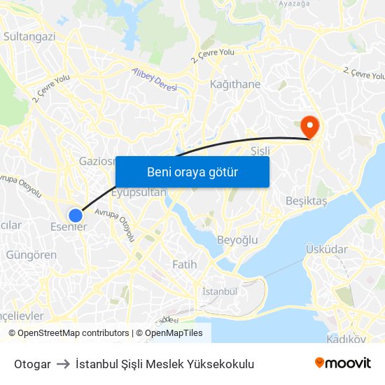 Otogar to İstanbul Şişli Meslek Yüksekokulu map
