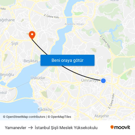 Yamanevler to İstanbul Şişli Meslek Yüksekokulu map