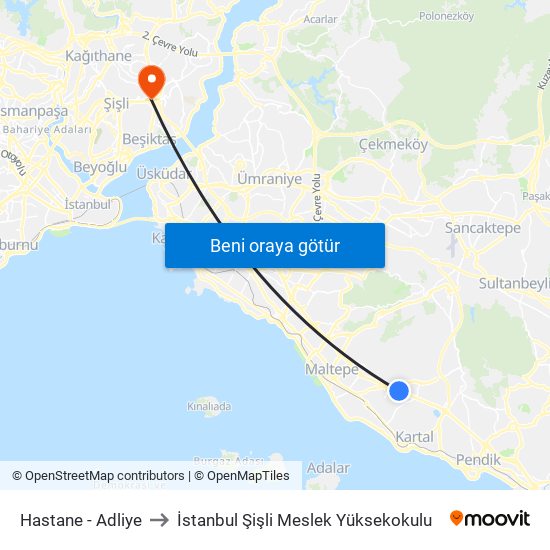 Hastane - Adliye to İstanbul Şişli Meslek Yüksekokulu map