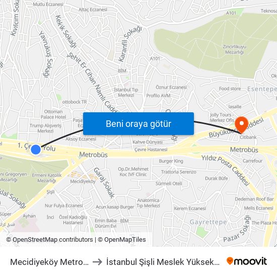 Mecidiyeköy Metrobus to İstanbul Şişli Meslek Yüksekokulu map