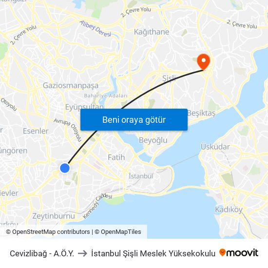 Cevizlibağ - A.Ö.Y. to İstanbul Şişli Meslek Yüksekokulu map