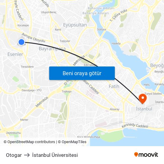 Otogar to İstanbul Üniversitesi map