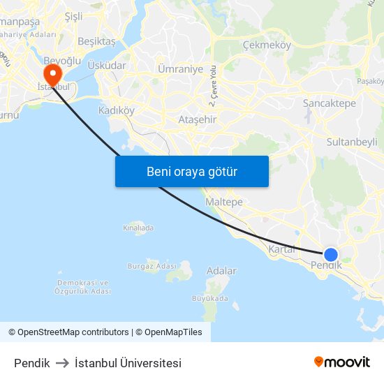Pendik to İstanbul Üniversitesi map