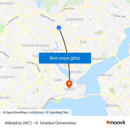 Alibeyköy (M7) to İstanbul Üniversitesi map