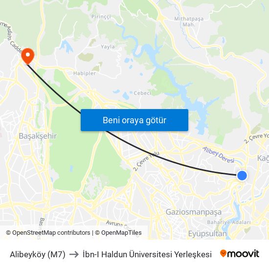 Alibeyköy (M7) to İbn-I Haldun Üniversitesi Yerleşkesi map