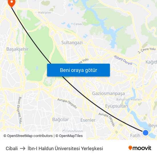 Cibali to İbn-I Haldun Üniversitesi Yerleşkesi map