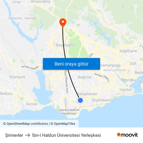 Şirinevler to İbn-I Haldun Üniversitesi Yerleşkesi map