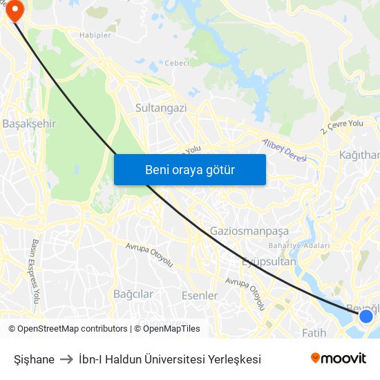 Şişhane to İbn-I Haldun Üniversitesi Yerleşkesi map
