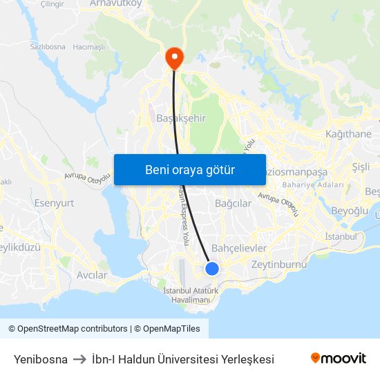 Yenibosna to İbn-I Haldun Üniversitesi Yerleşkesi map