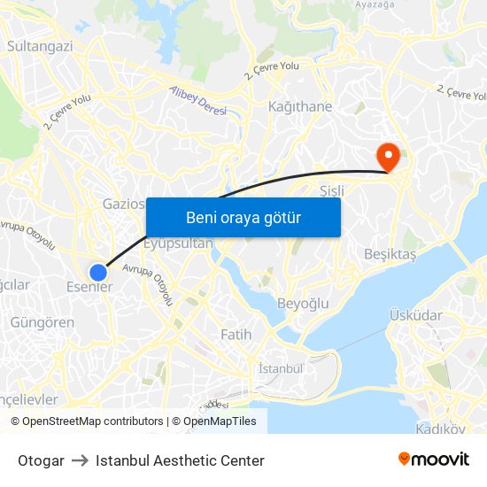 Otogar to Istanbul Aesthetic Center map