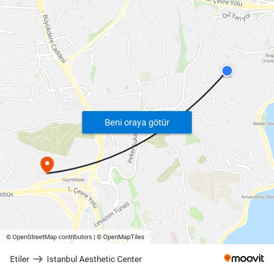 Etiler to Istanbul Aesthetic Center map