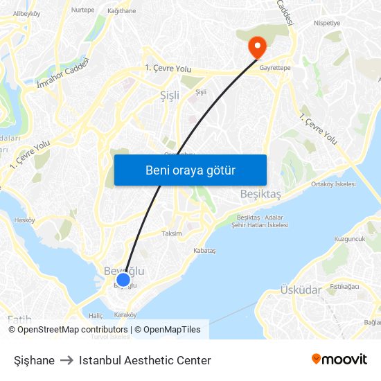 Şişhane to Istanbul Aesthetic Center map