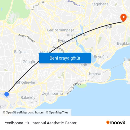 Yenibosna to Istanbul Aesthetic Center map