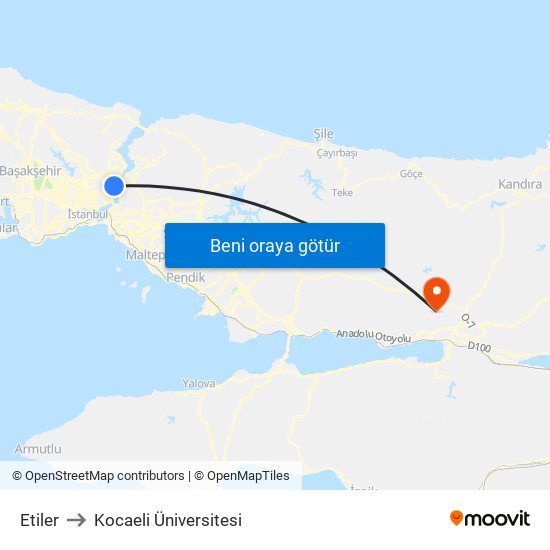 Etiler to Kocaeli Üniversitesi map