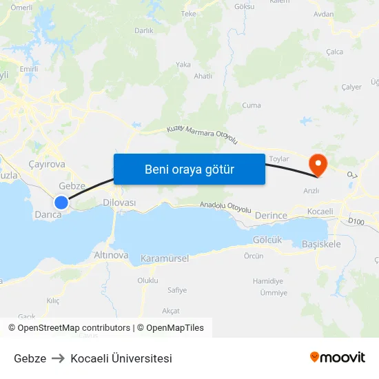 Gebze to Kocaeli Üniversitesi map