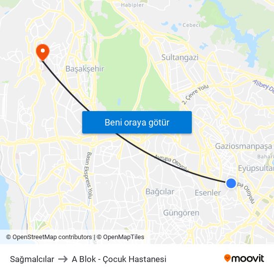Sağmalcılar to A Blok - Çocuk Hastanesi map