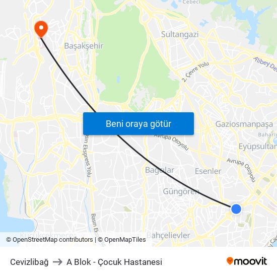 Cevizlibağ to A Blok - Çocuk Hastanesi map