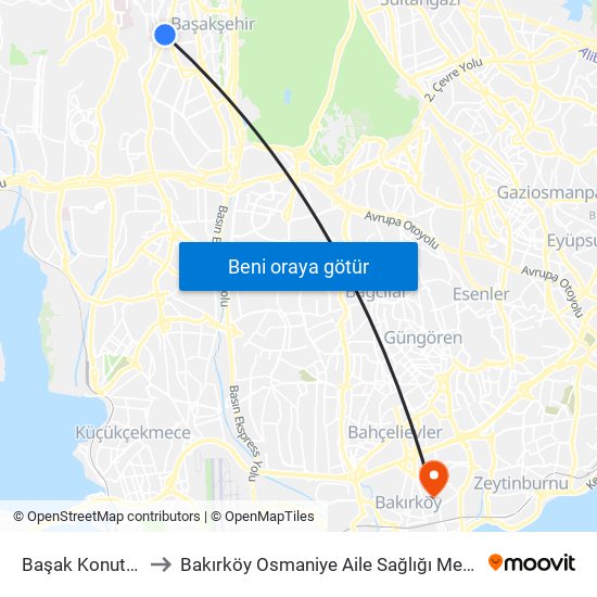 Başak Konutları to Bakırköy Osmaniye Aile Sağlığı Merkezi map