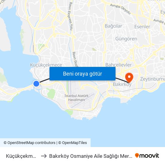 Küçükçekmece to Bakırköy Osmaniye Aile Sağlığı Merkezi map