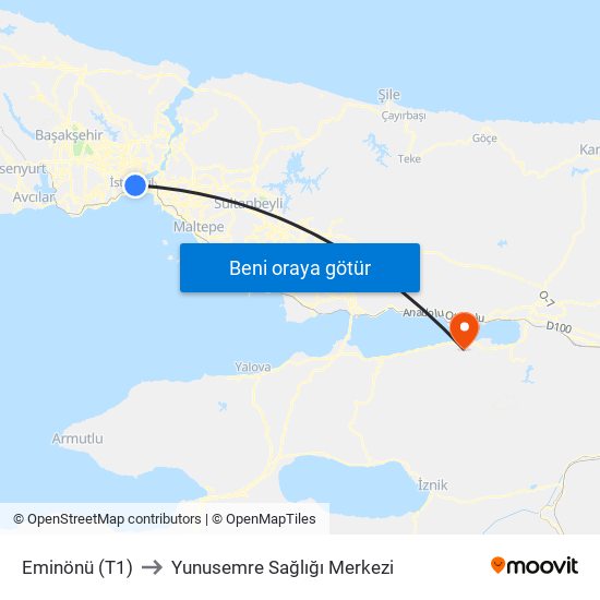 Eminönü (T1) to Yunusemre Sağlığı Merkezi map