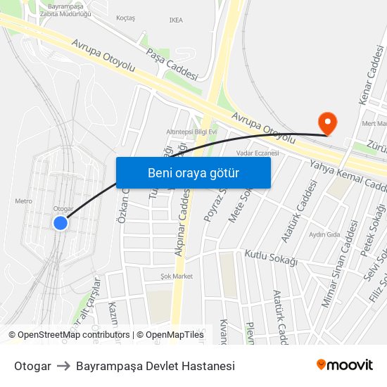 Otogar to Bayrampaşa Devlet Hastanesi map