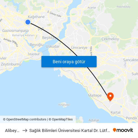 Alibeyköy (M7) to Sağlık Bilimleri Üniversitesi Kartal Dr. Lütfü Kırdar Eğitim & Araştırma Hastanesi map