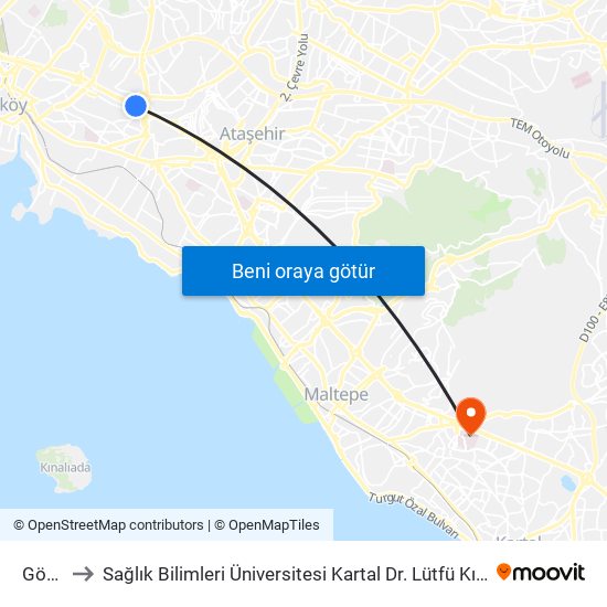 Göztepe to Sağlık Bilimleri Üniversitesi Kartal Dr. Lütfü Kırdar Eğitim & Araştırma Hastanesi map