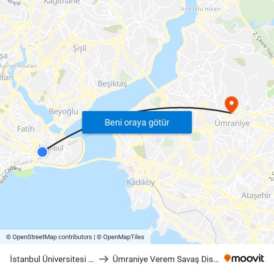 İstanbul Üniversitesi - Laleli to Ümraniye Verem Savaş Dispanseri map