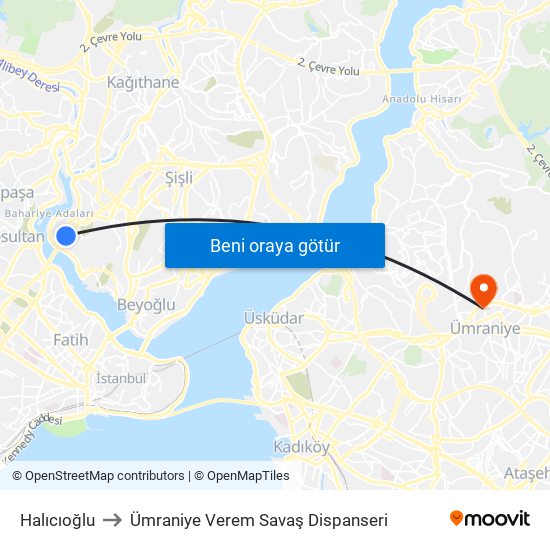 Halıcıoğlu to Ümraniye Verem Savaş Dispanseri map