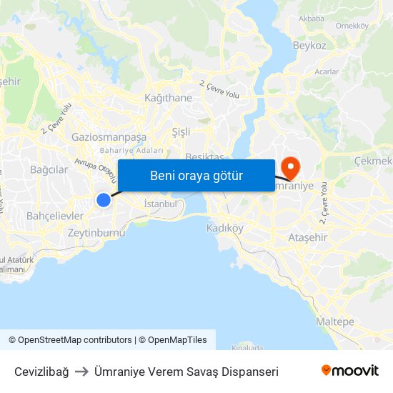 Cevizlibağ to Ümraniye Verem Savaş Dispanseri map