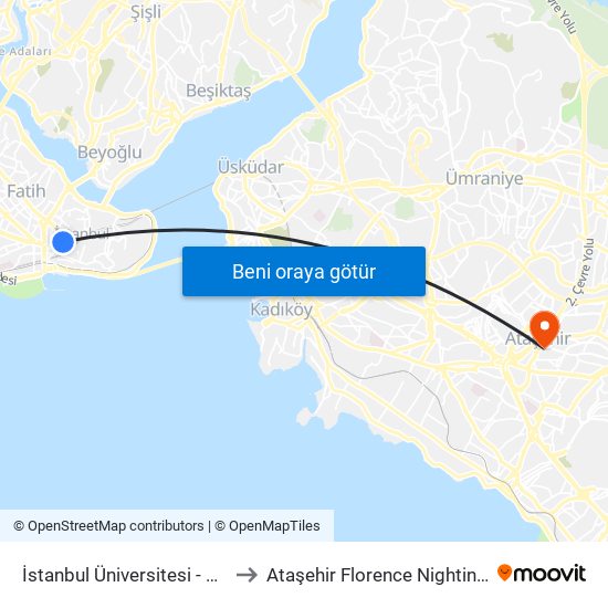 İstanbul Üniversitesi - Laleli to Ataşehir Florence Nightingale map