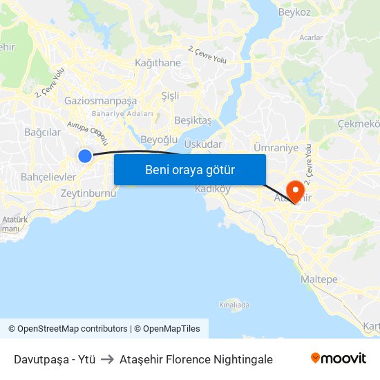 Davutpaşa - Ytü to Ataşehir Florence Nightingale map