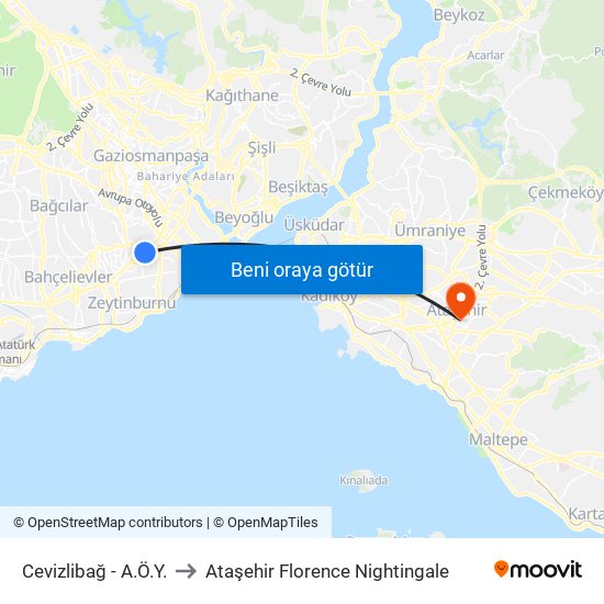 Cevizlibağ - A.Ö.Y. to Ataşehir Florence Nightingale map