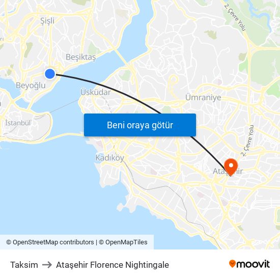 Taksim to Ataşehir Florence Nightingale map