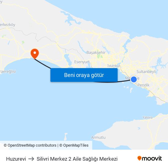 Huzurevi to Silivri Merkez 2 Aile Sağlığı Merkezi map