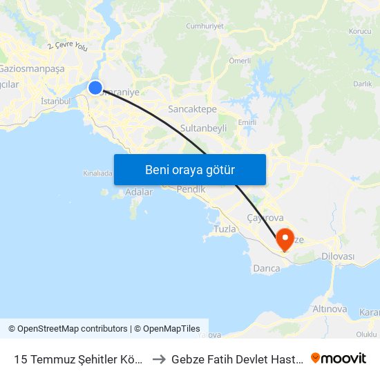 15 Temmuz Şehitler Köprüsü to Gebze Fatih Devlet Hastanesi map
