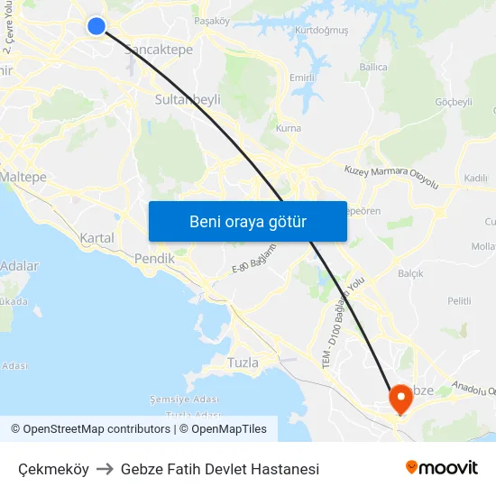 Çekmeköy to Gebze Fatih Devlet Hastanesi map
