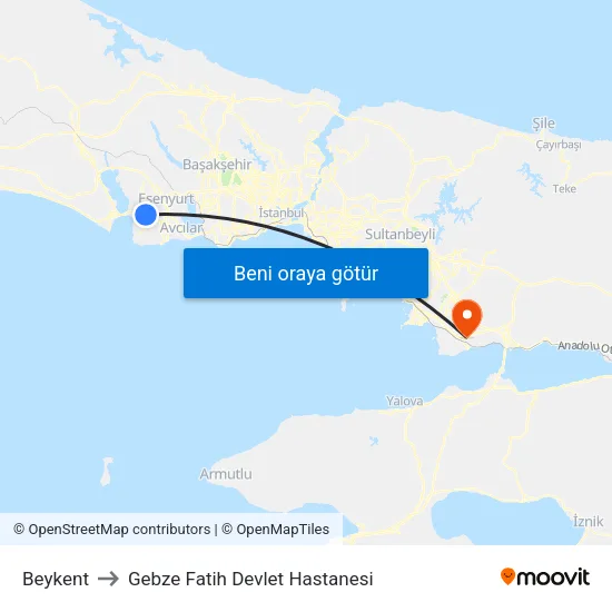Beykent to Gebze Fatih Devlet Hastanesi map